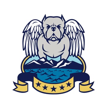 Retro style illustration of an american bully dog with angel wings standing on island with sea and mountains set inside oval with 5 star banner on isolated background.