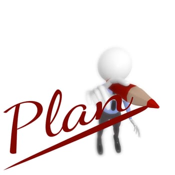 Businessman with a red pencil and the word Plan, selective focus on the pencil, 3d rendering