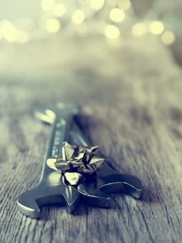 Christmas background on a rustic wooden table