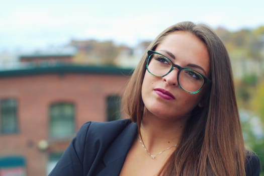 pensive businesswoman business person looking up staring thinking women