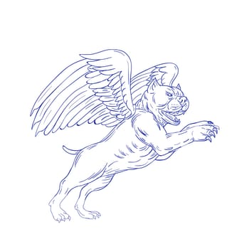 Drawing sketch style illustration of an American bully dog with angel wings prancing jumping viewed from side on isolated background.