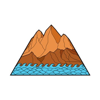Mono line illustration of ragged mountain with sea waves crashing on shore on isolated background.