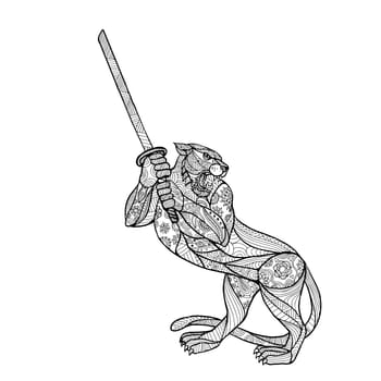 Mandala style illustration of a tiger brandishing katana sword in fighting stance on isolated backgound done in black and white.
