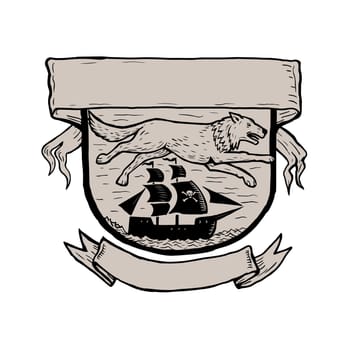 Scratchboard style illustration of a wolf running or flying over a pirate sailing ship set inside crest or shield with banner done on scraperboard on isolated background.