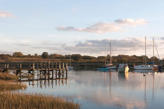 beautiful soft harbour scene outside soft light boats moored  essex  england  uk