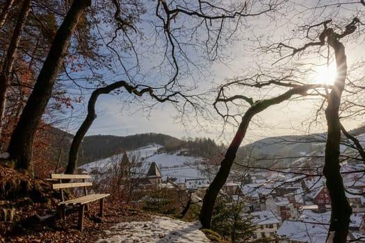View of Bad Peterstal in the Black Forest in winter with sunshine