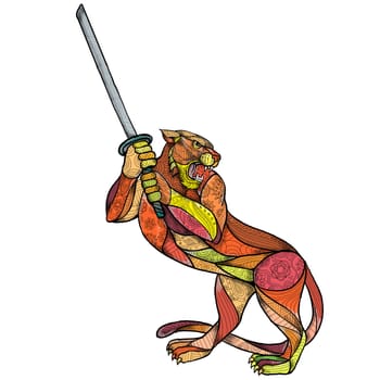 Mandala style illustration of a Tiger with sword in fighting stance on isolated background.