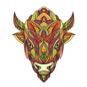 Mandala style illustration of an American buffalo or bison head viewed from front  on isolated background.