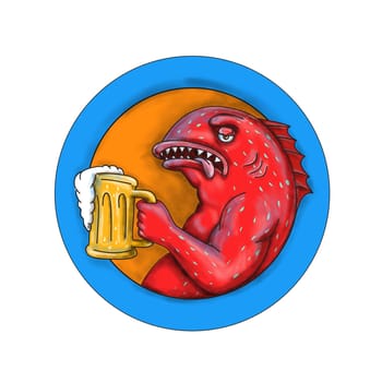 Mandala style illustration of a coral trout, leopard coral grouper, or leopard coral trout with mug of beer ale a little bit drunk set inside circle  on isolated background.