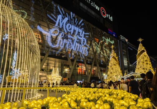 BANGKOK, THAILAND - DECEMBER 22, 2016 : Night illumination of Christmas and New Year celebration 2017 at Central World shopping mall, Ratchaprasong intersection in Bangkok, Thailand.