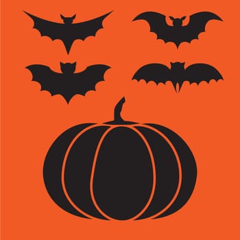 Funny halloween vector mystery vampire silhouettes. Dark spooky bats monsters isolated from orange background. Black cartoon little spider. Simple image with hat and pumpkin for halloween party.