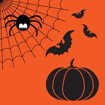 Black and orange vector cartoon isolated spider web with funny spider, flying bats and pumpkin. Simple image with cobweb for halloween party.