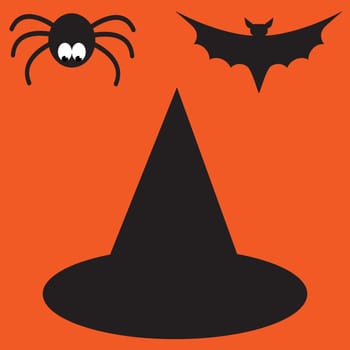 Funny halloween vector mystery vampire silhouettes. Dark spooky bats monsters isolated from orange background. Black cartoon little spider. Simple image with hat and pumpkin for halloween party.