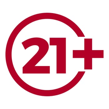 Limit age icon on red background. Icons age limit from twenty-one, vector flat illustration.