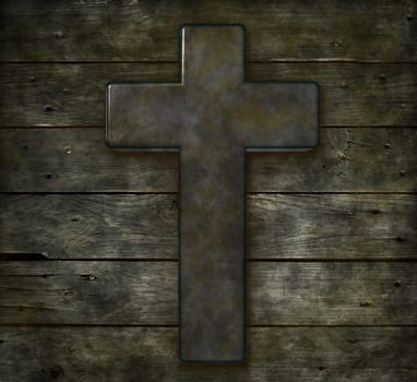 Christian cross on dirty board wall