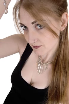 A closeup portrait of a gorgeous young woman in a black dress and.necklace, looking into the camera, isolated for white background.