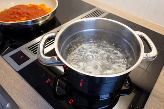 Cooking pot with boiling water and frying pan on stove with induction