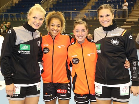 Shenia Minevskaja,Delaila Amega,Kelly Vollebregt and Julia Behnke (all TuS Metzingen) at the women's international match Germany against Netherlands on 28.10.2017 in Magdeburg