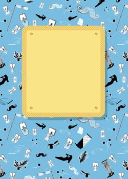 Vintage greeting card. Retro black and white items - boots, mustaches and others. Yellow banner for custom text. Blue background