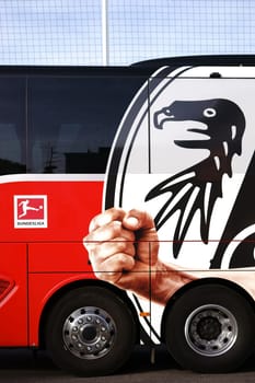 Mainz,Germany - October 25,2017: The coat of arms of the football club SC Freiburg on the team bus at a game of the Regionalliga on October 25,2017 in Mainz.