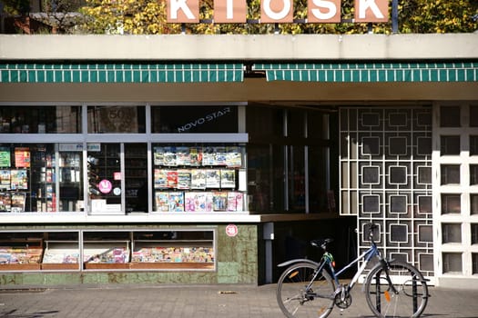 Griesheim,Germany - October 31,2017: A bicycle parked in front of an old kiosk and newspaper outlet on October 31,2017 in Griesheim.