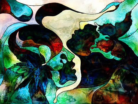 Stained Glass Forever series. Human profiles with autumn lea? and butterfly drawn with organic patterns on the subject of love, relationships and Unity with Nature.