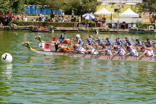Rome, Italy - July 30, 2016: Dragon boat crews  compete at the european championships held in Italy in 2016 summer, in the photo the Italian and the UK crew