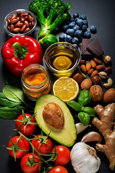 Selection of healthy food on white background. Healthy diet foods for heart, cholesterol and diabetes.