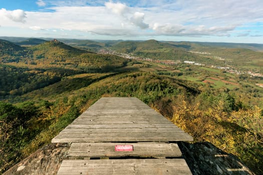 Paragliding starting point on a mountain top with a view of the Palatinate Forest (Germany)