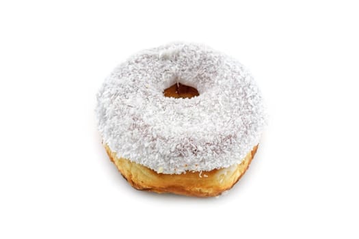 Donut with coconut crumble,close-up of sweets on a white background