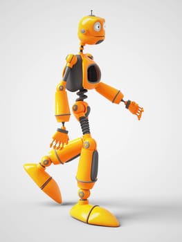 3D rendering of a yellow cartoon robot walking. White background.