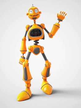 3D rendering of a yellow smiling cartoon robot waving hello. White background.