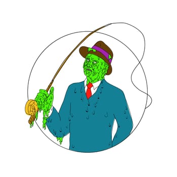Grime art style illustration of a mobster fisherman wearing suit and tie and fedora hat holding a fly rod reel set inside circle.