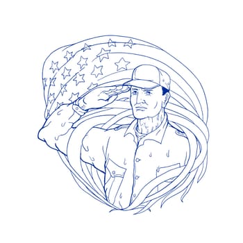 Ukiyo-e or ukiyo style illustration of an American soldier saluting USA flag stars and stripes spangled banner  on isolated background.