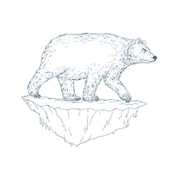 Ukiyo-e or ukiyo style illustration of a polar bear walking on floating iceberg viewed from side on isolated background.