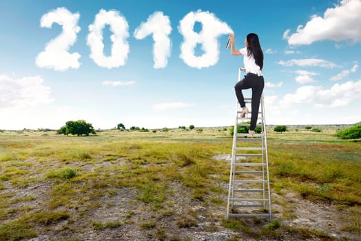 Businesswoman using stairs and spraying white cloud with 2018 shape on green field