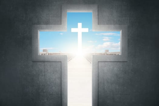 Cross shape with christ symbol at the end of a wooden bridge
