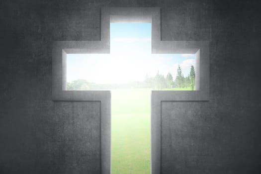 Cross christ symbol with bright landscape background