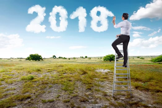Businessman using stairs and spraying white cloud with 2018 shape on green field