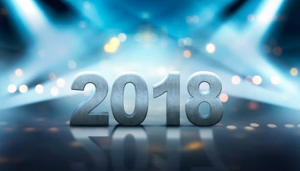 2018 number with colorful spotlights. Happy New Year 2018