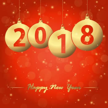 red background with golden christmas bubbles and text 2018 for the new year