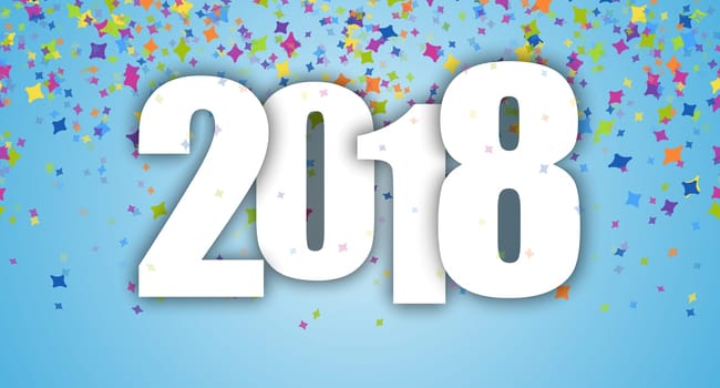 blue background with colored confetti for New Year party 2018