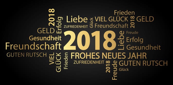 word cloud with new year 2018 greetings colored gold and black background