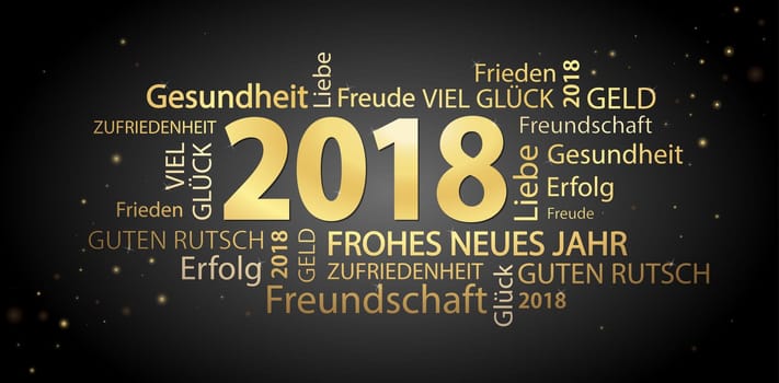 word cloud with new year 2018 greetings colored gold and black background