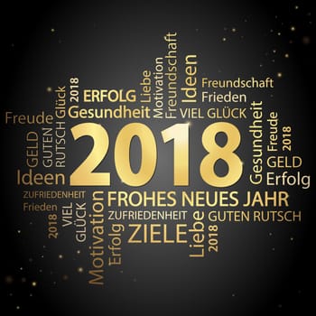word cloud with new year 2018 greetings colored gold and black background