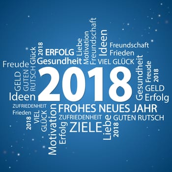 word cloud with new year 2018 greetings and blue background