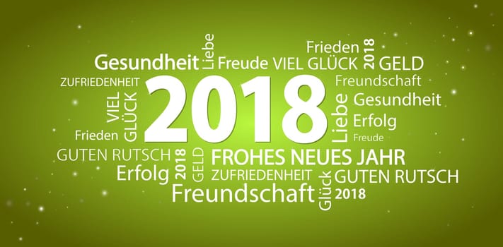 word cloud with new year 2018 greetings and green background