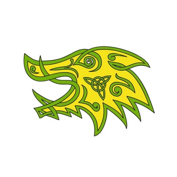 Celtic knot stylized  illustration of a wild boar, wild pig, hog or razorback head viewed from side done in  .plait work or knotwork woven into unbroken cord design.