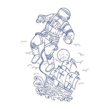 Drawing sketch style illustration of an astronaut or spaceman tethered to Portuguese caravel or galleon ship floating in space with moon in background.