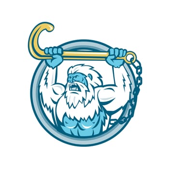 Retro style illustration of a muscular yeti or Abominable Snowman, an ape-like entity lifting or holding up a j hook or tow hook set inside circle on isolated background.